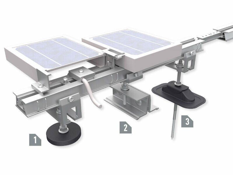 Rail profilé PREFA pour le montage de centrales photovoltaïques sur toitures PREFA, avec les supports Vario, Prefalz Vario et Sunny