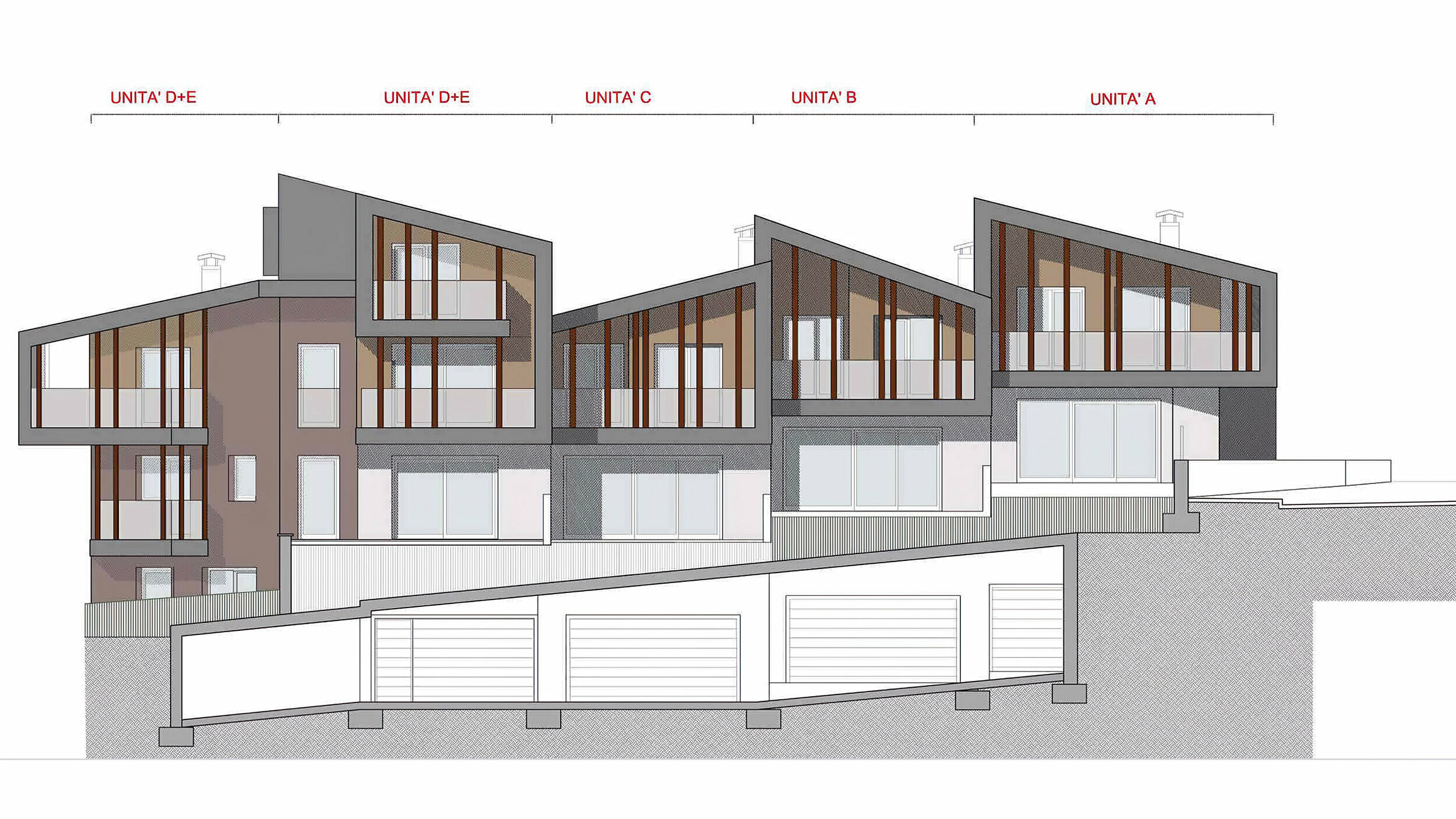 Dessin architectural de cinq logements reliés les uns aux autres, avec des toits inclinés Prefalz couleur anthracite, de larges fenêtres à châssis en bois et des éléments de façade de taille différente, organisés selon une conception en escaliers qui s’intègre parfaitement dans la topographie environnante.