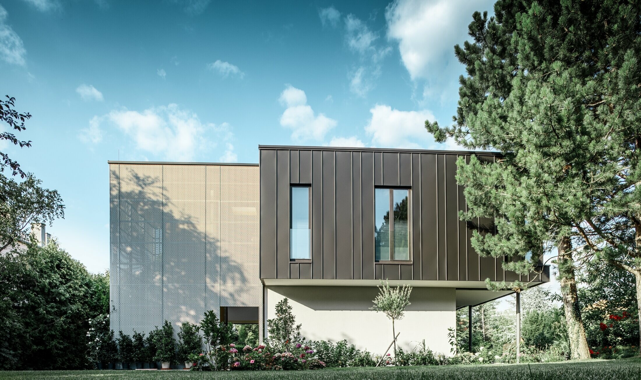 Maison individuelle moderne à l’esthétique arboricole au cœur d’un grand jardin planté de nombreux arbres — Façade PREFA dépouillée à joints angulaires de couleur gris noir