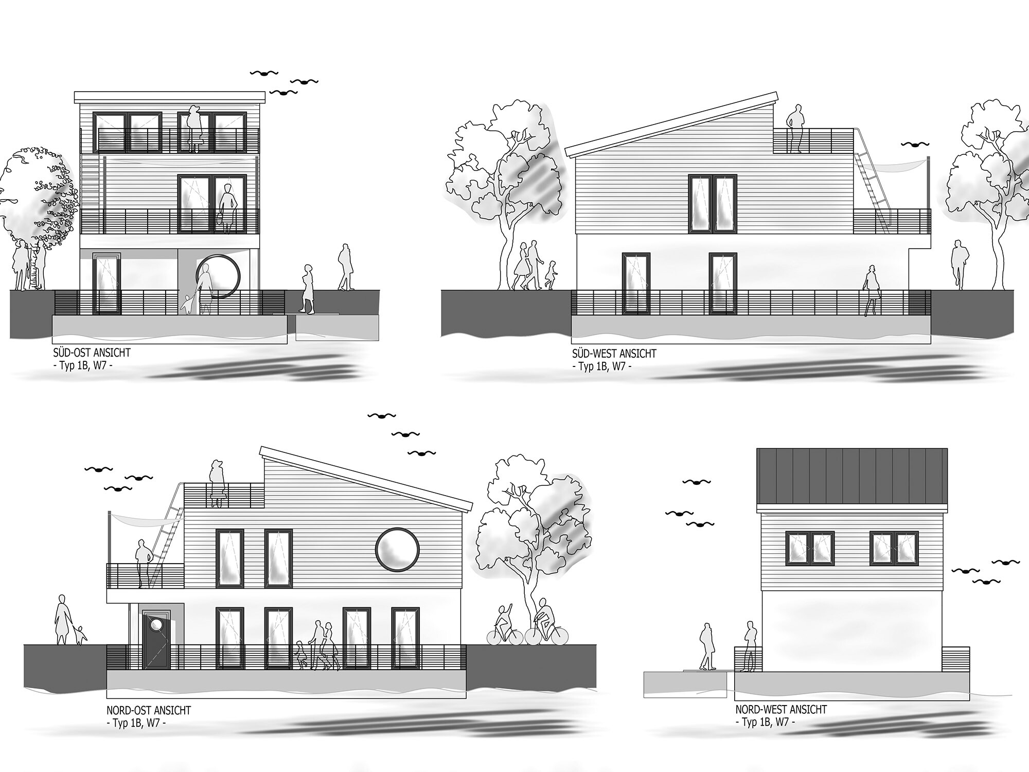 Un plan qui montre les faces sud-est, sud-ouest, nord-est et nord-ouest des constructions.