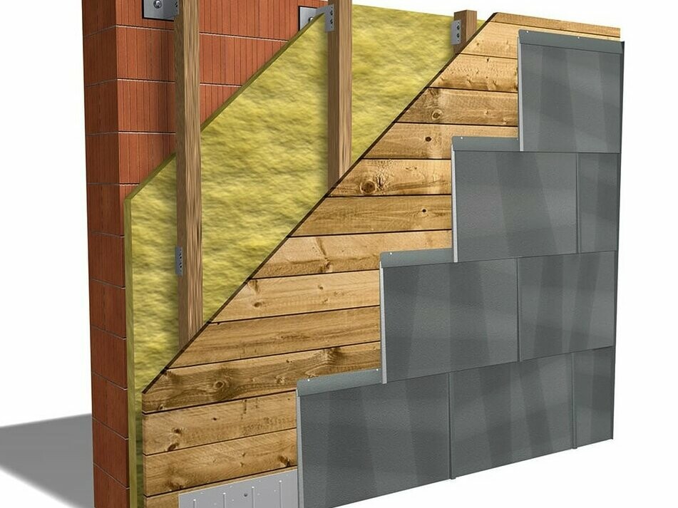 Structure d’une façade suspendue et ventilée PREFA Structure d’une façade suspendue et ventilée PREFA avec le panneau de façade FX.12.