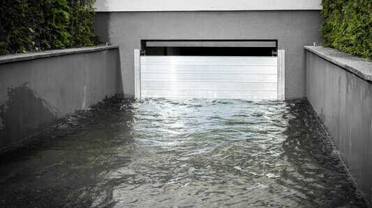 La protection contre les crues PREFA protège les entrées de garage des innondations lors de la montée des eaux