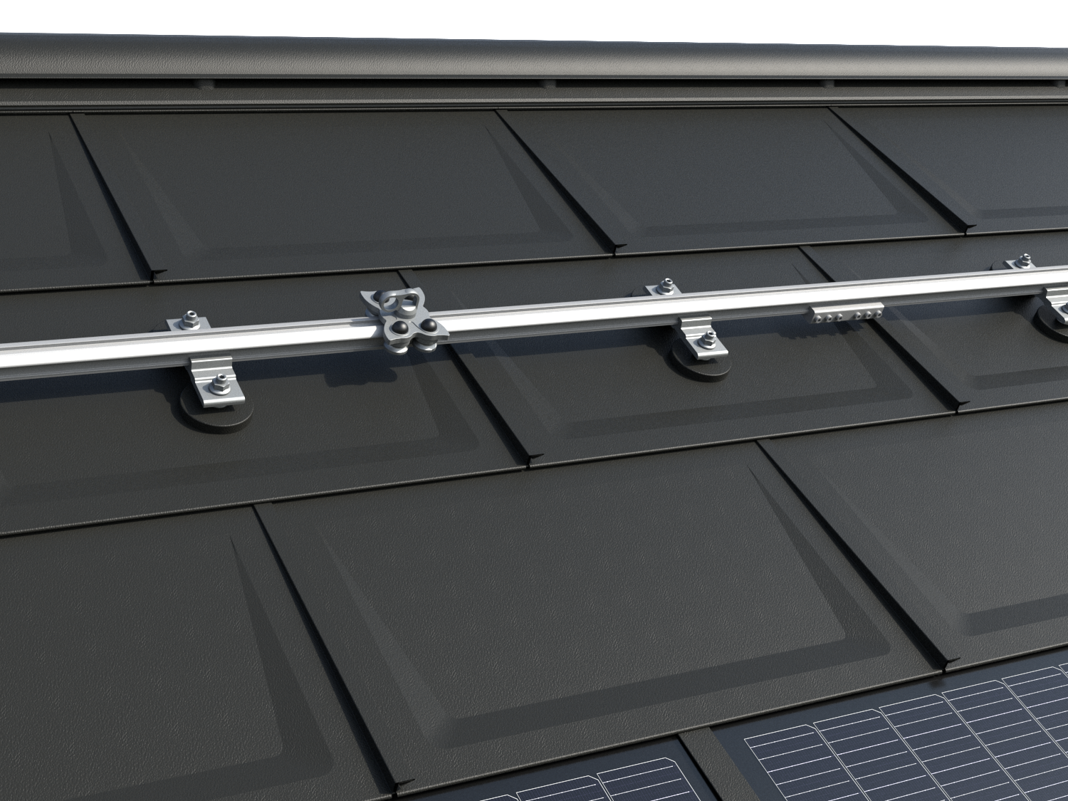 Das Bild zeigt das TAURUS Schienensystem von INNOTECH® auf einem PREFA Dach mit der bewährten Dachplatte R.16. Die Installation umfasst horizontale Führungsschienen und speziell entwickelte Gleiter, die eine sichere Dachbegehung und Wartung von Photovoltaikanlagen ermöglichen. Das System ist für alle PREFA Kleinformate geeignet und bietet eine zuverlässige Lösung für die Montage und Instandhaltung von PV-Anlagen. Von PREFA in Zusammenarbeit mit den Arbeitsschutz-Experten von INNOTECH® entwickelt, ist das Sicherungssystem nach EN 795 Typ A und D zertifiziert und für die Sicherung von zwei Personen ausgelegt. Am unteren Bildrand sind die innovativen PREFA Solardachplatten zu erkennen.