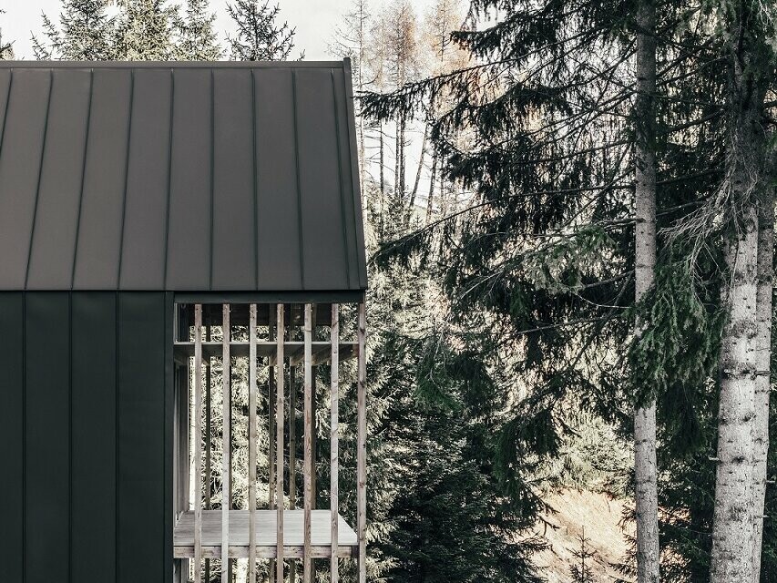 Photo d’un seul chalet du côté latéral. Sont visibles le toit et la façade en Prefalz, les poutres en bois qui bordent le côté du balcon et la forêt de conifères tout autour.