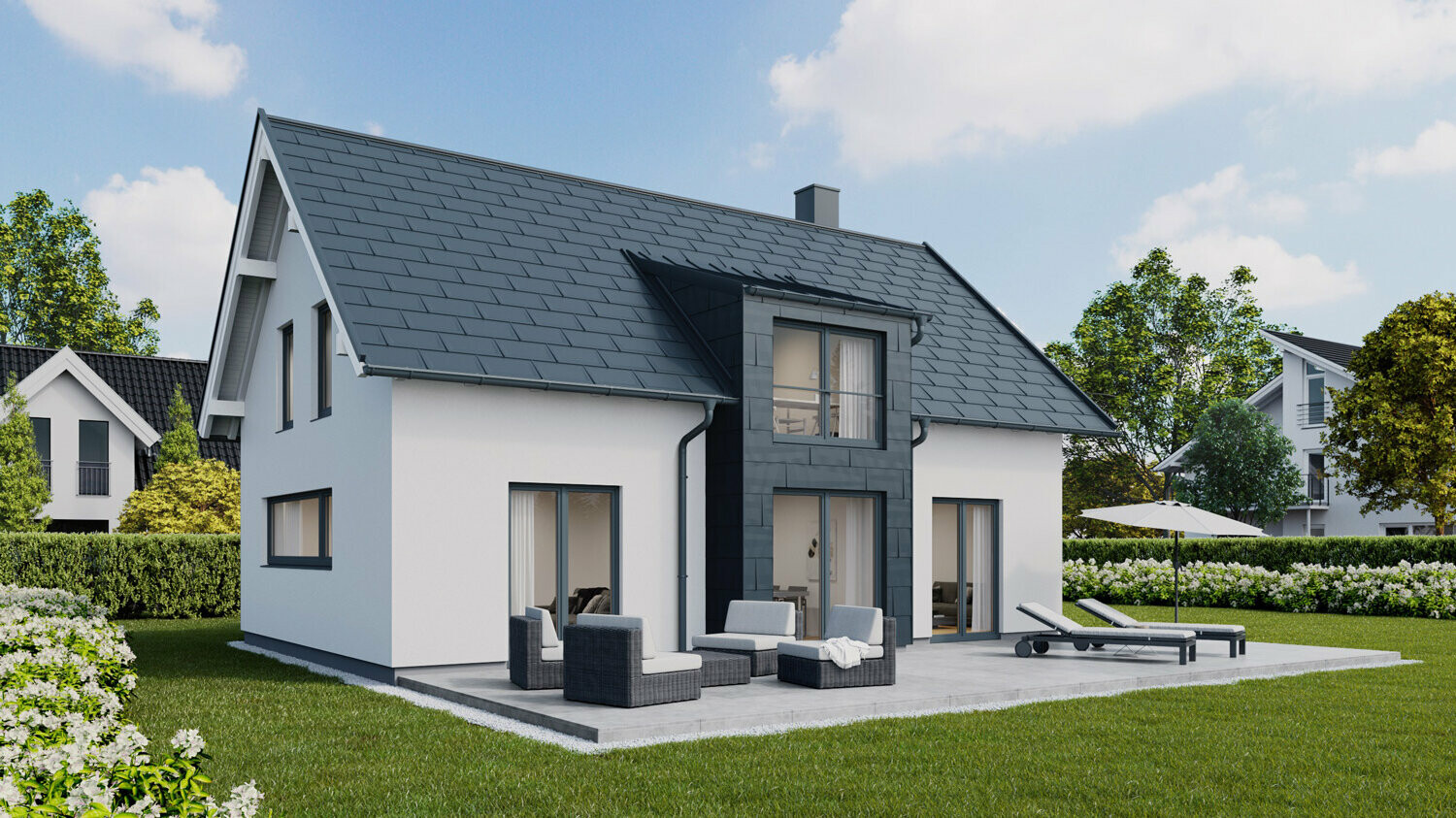 Beispielkonfiguration eines Einfamilienhauses im PREFA Produtkonfigurator Einfamilienhaus mit Satteldach mit PREFA Dachplatten R.16 und Fassadenpaneelen FX.12 in P.10 Anthrazit