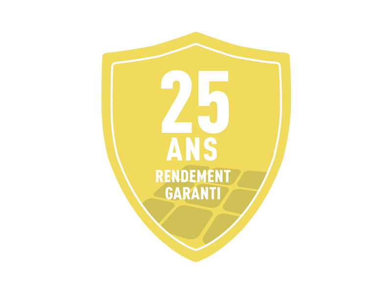 Logo de garantie jaune pour un rendement garanti 25 ans sur la tuile solaire PREFA et  sur le module solaire PREFALZ.