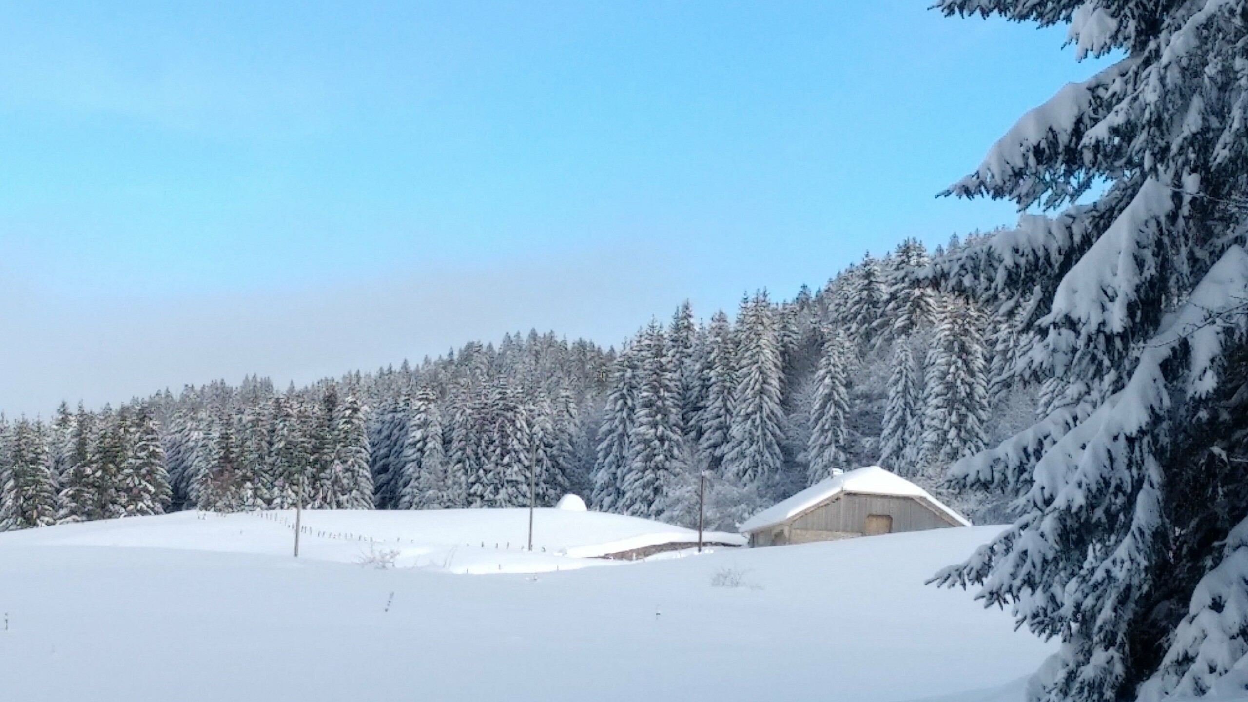 Vue d'ensemble de ce chalet dont la couverture a été rénovée avec les tuiles en aluminium prefa choisies dans la teinte P.10 gris pierre et le tout sous un épais manteau de neige